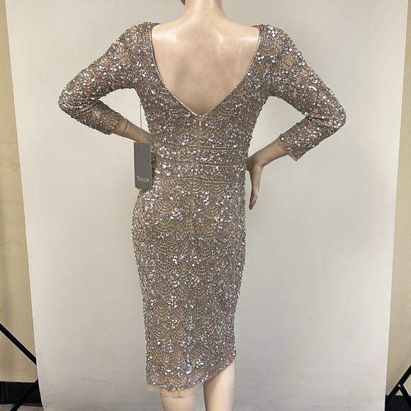 Theia fully beaded long sleeves V-Back midi dress - Picture 10 of 13